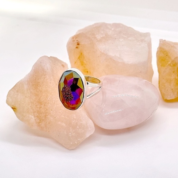 Ooak Sterling Silver Fractal Titanium Aura Druzy Geode Crystal Ring - Picture 3 of 4